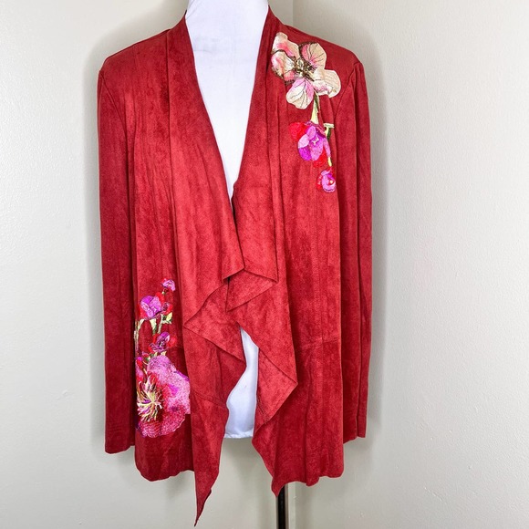 V Cristina Sweaters - V Cristina Cardigan XL Embroidered Floral Waterfall Open Front Faux Suede Boho